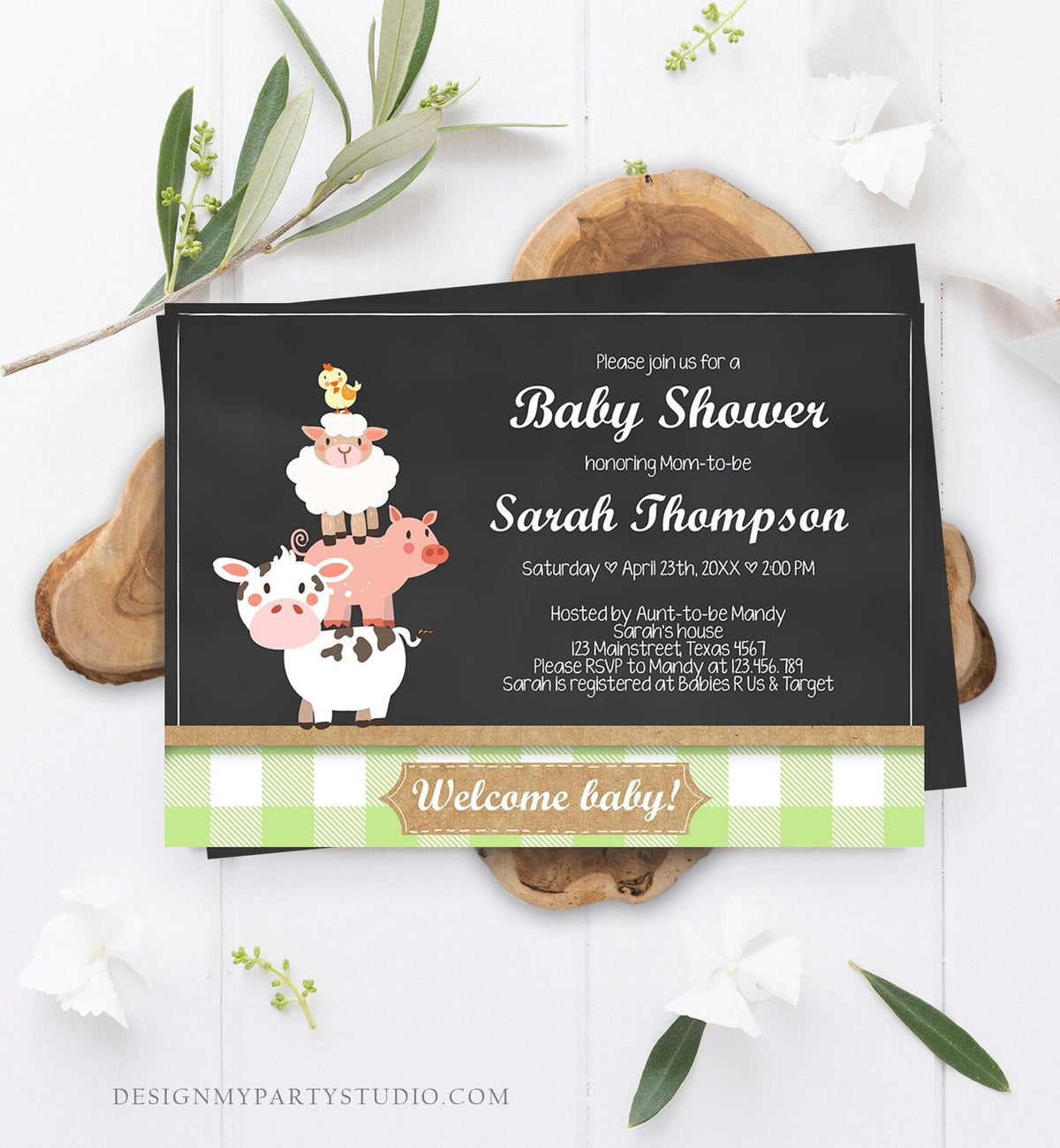 Editable Farm Baby Shower Invitation Barnyard Shower Farm Animals Green Gender Neutral Boy Download Printable Template Digital Corjl 0064