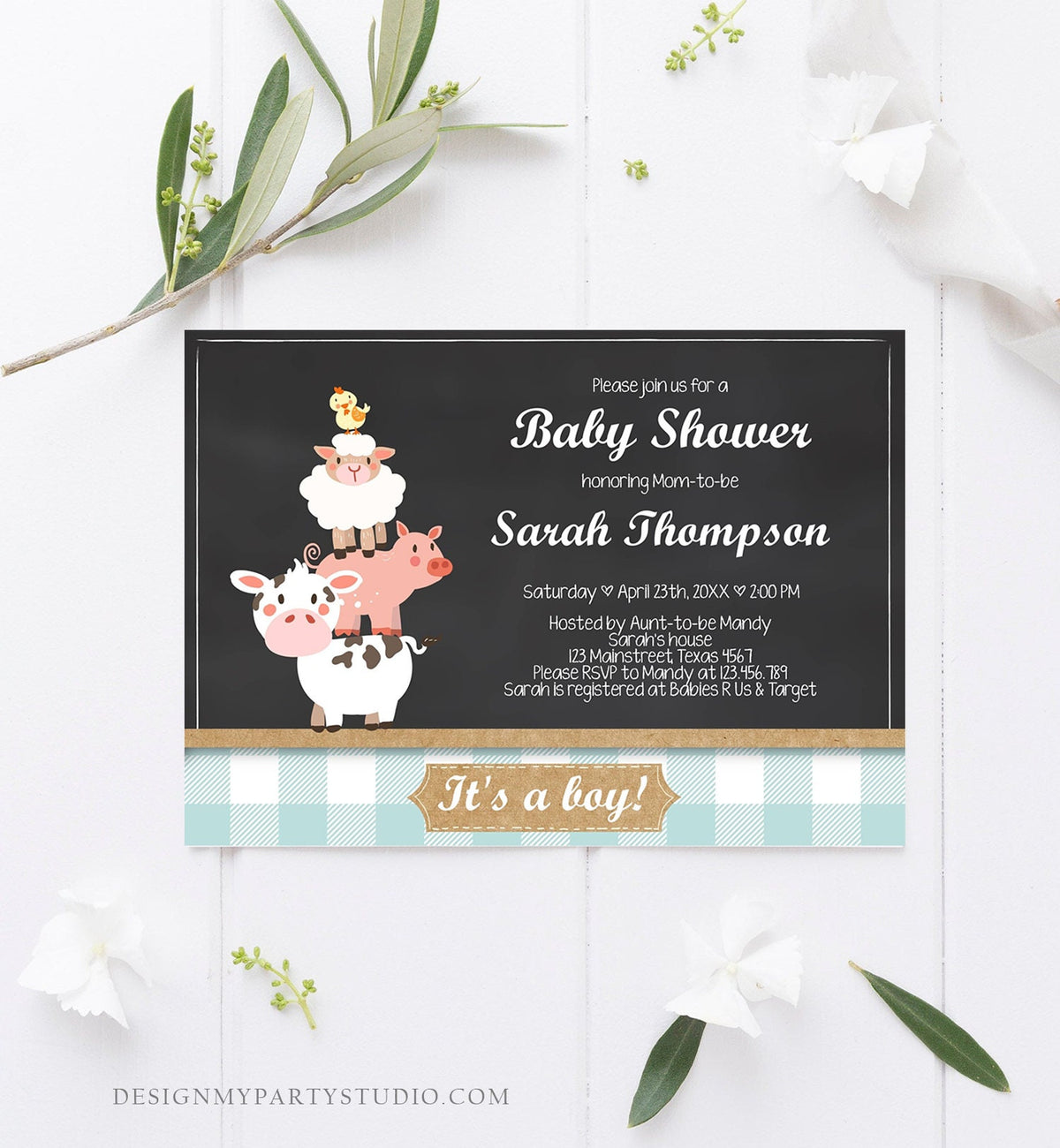 Editable Farm Baby Shower Invitation Barnyard Shower Farm Animals Boy Baby Shower Blue Download Printable Template Digital Corjl 0064