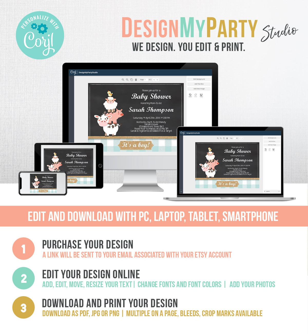 Editable Farm Baby Shower Invitation Barnyard Shower Farm Animals Boy Baby Shower Blue Download Printable Template Digital Corjl 0064