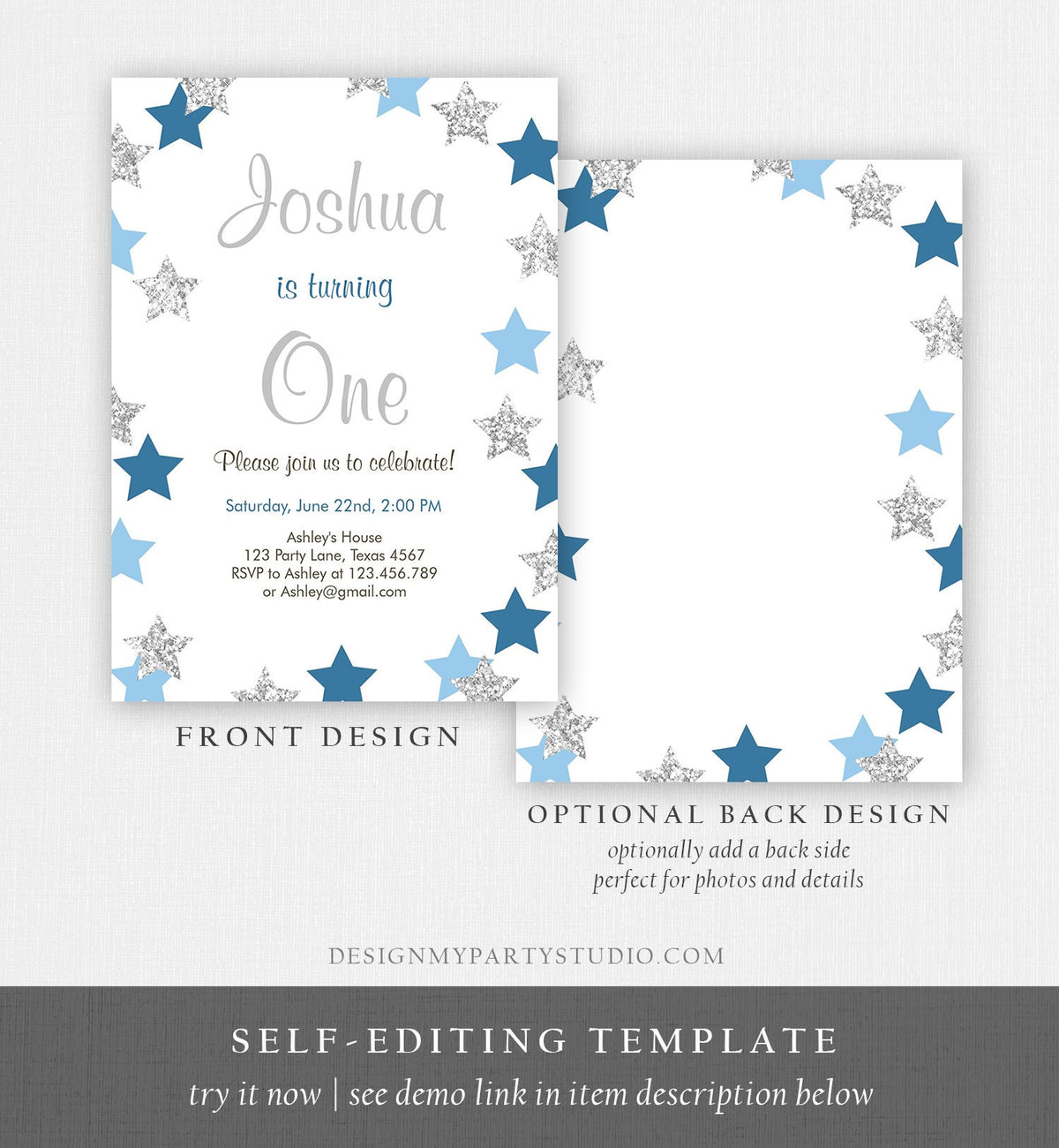 Editable Twinkle Twinkle Little Star Birthday Invitation Boy First Birthday Blue Silver Stars Download Printable Template Digital Corjl 0082