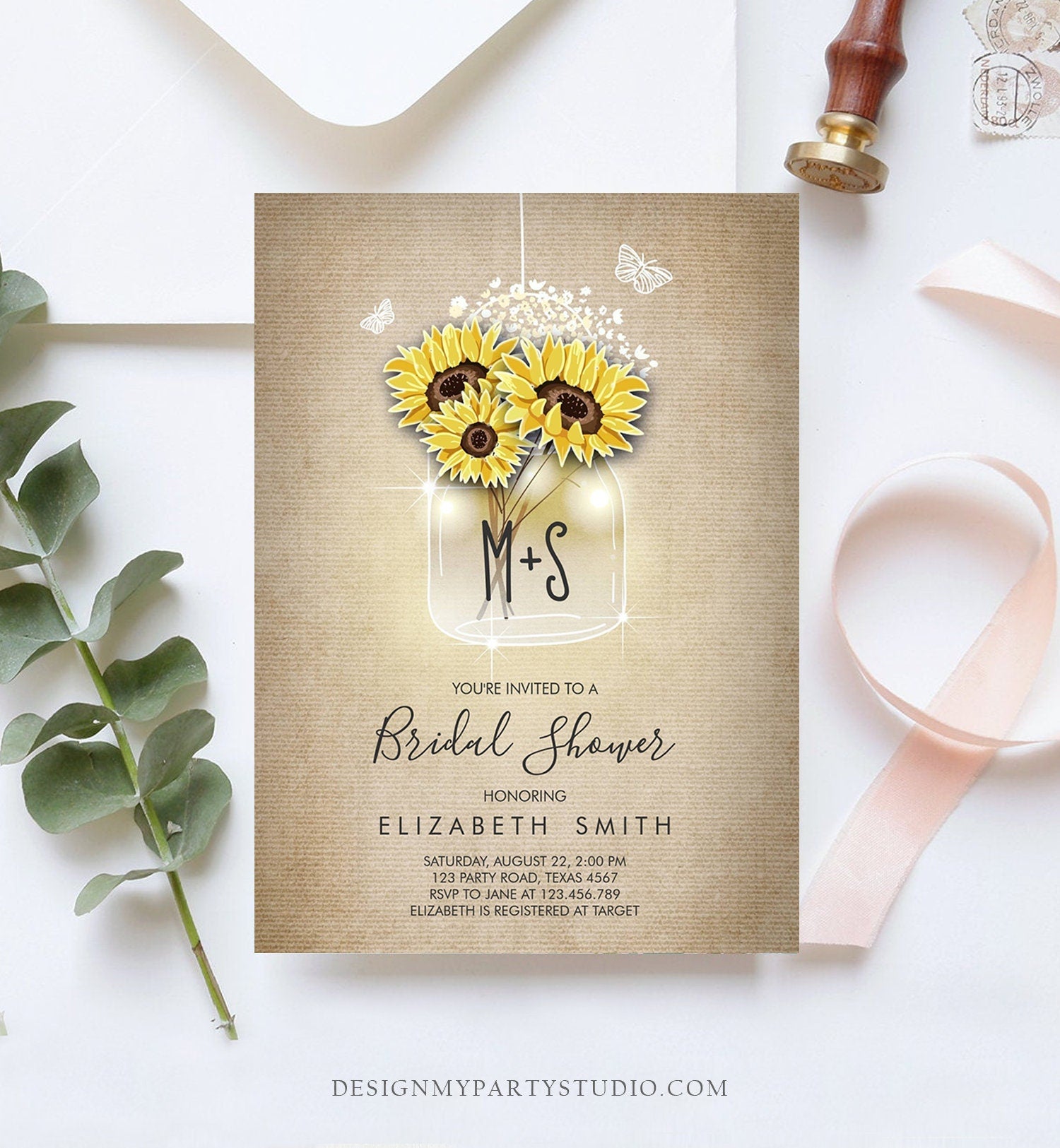 Editable Sunflowers Bridal Shower Invitation Rustic Sunflower Mason Jars Lights Butterfly Download Printable Template Corjl Digital 0116