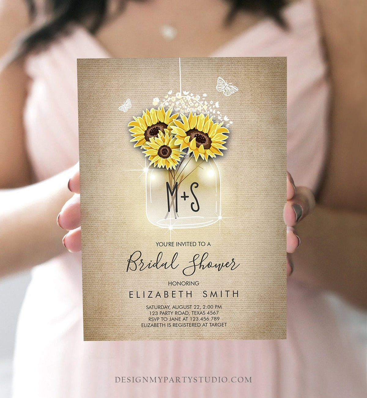 Editable Sunflowers Bridal Shower Invitation Rustic Sunflower Mason Jars Lights Butterfly Download Printable Template Corjl Digital 0116