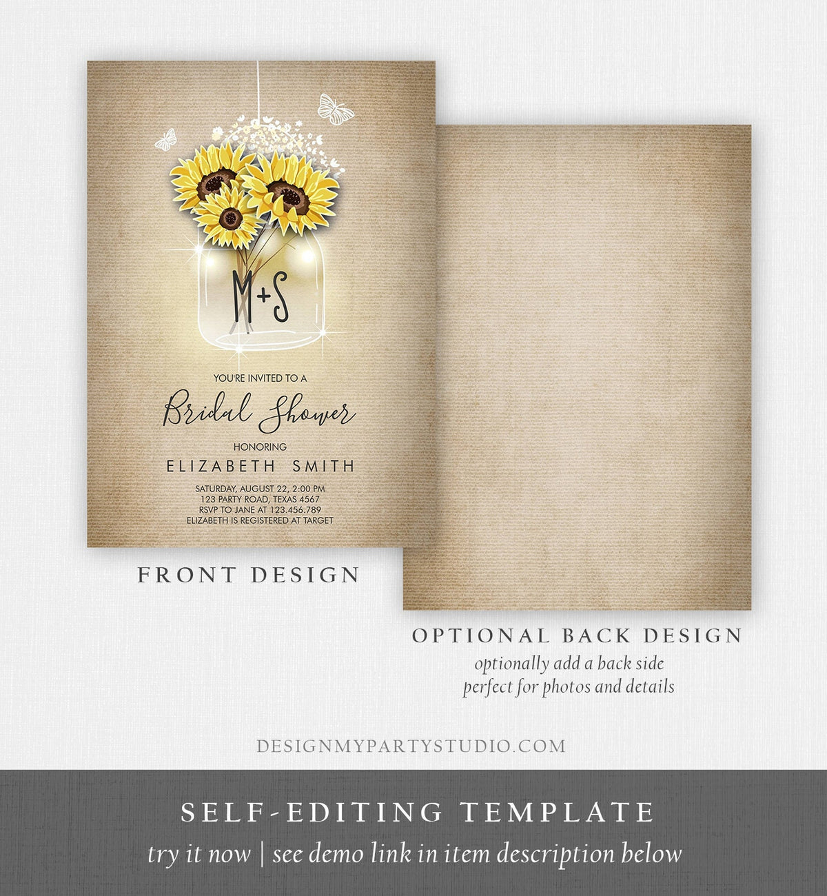 Editable Sunflowers Bridal Shower Invitation Rustic Sunflower Mason Jars Lights Butterfly Download Printable Template Corjl Digital 0116