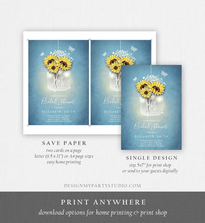 Editable Sunflowers Bridal Shower Invitation Rustic Sunflower Mason Jar Blue Spring Butterfly Download Printable Template Corjl Digital 0116