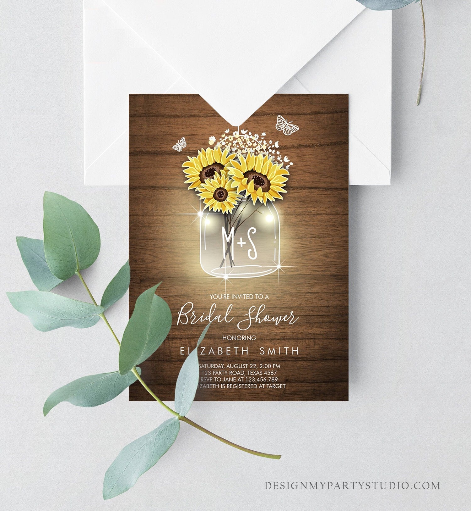 Editable Sunflowers Bridal Shower Invitation Rustic Sunflower Mason Jar Wood Spring Butterfly Download Printable Template Corjl Digital 0116