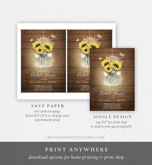 Editable Sunflowers Bridal Shower Invitation Rustic Sunflower Mason Jar Wood Spring Butterfly Download Printable Template Corjl Digital 0116