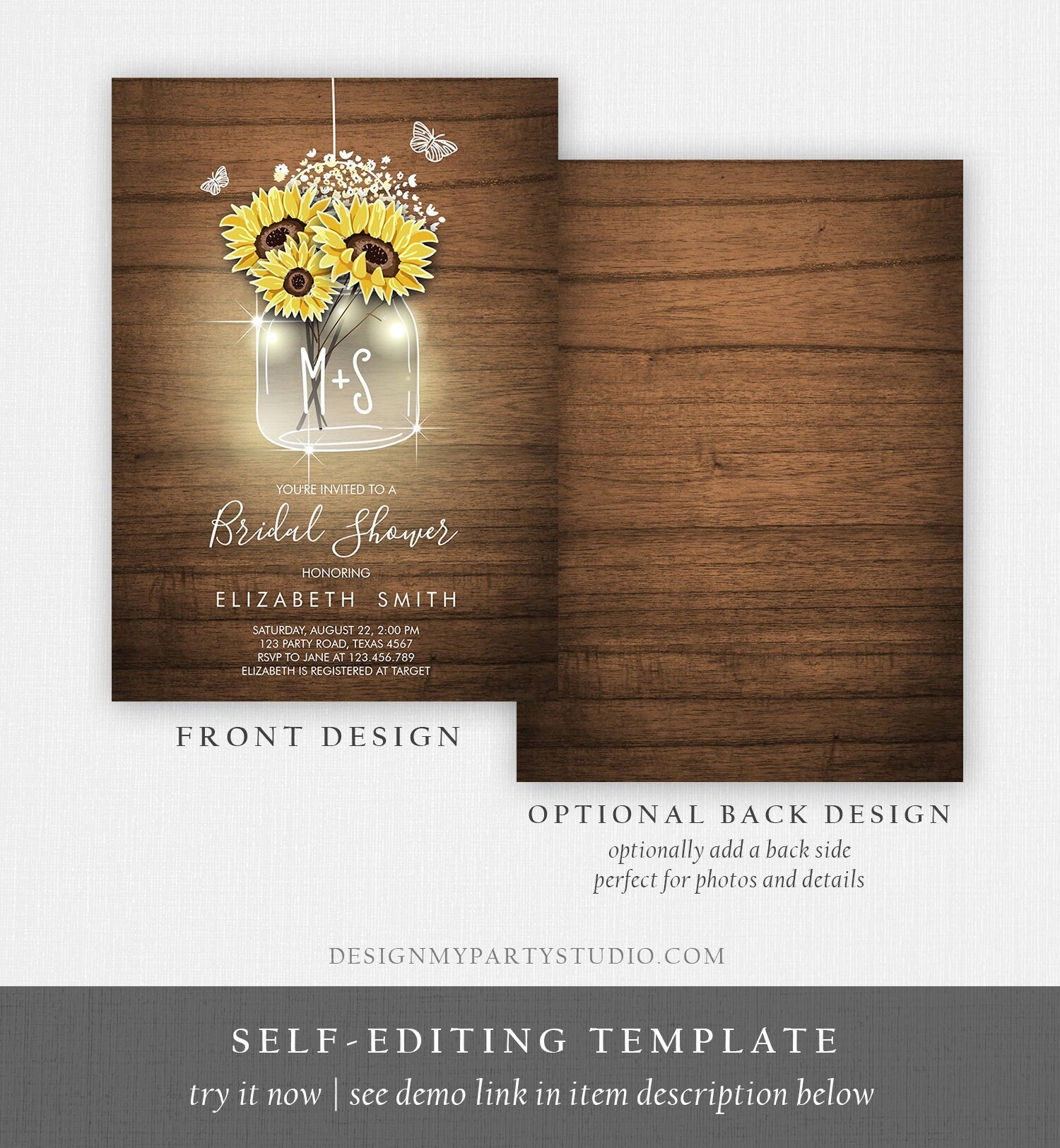 Editable Sunflowers Bridal Shower Invitation Rustic Sunflower Mason Jar Wood Spring Butterfly Download Printable Template Corjl Digital 0116