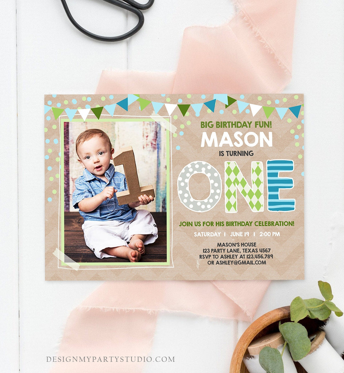 Editable Boy First Birthday Invitation One Green Blue Paper Chalk Confetti 1st Birthday Photo Digital Download Corjl Template Printable 0130