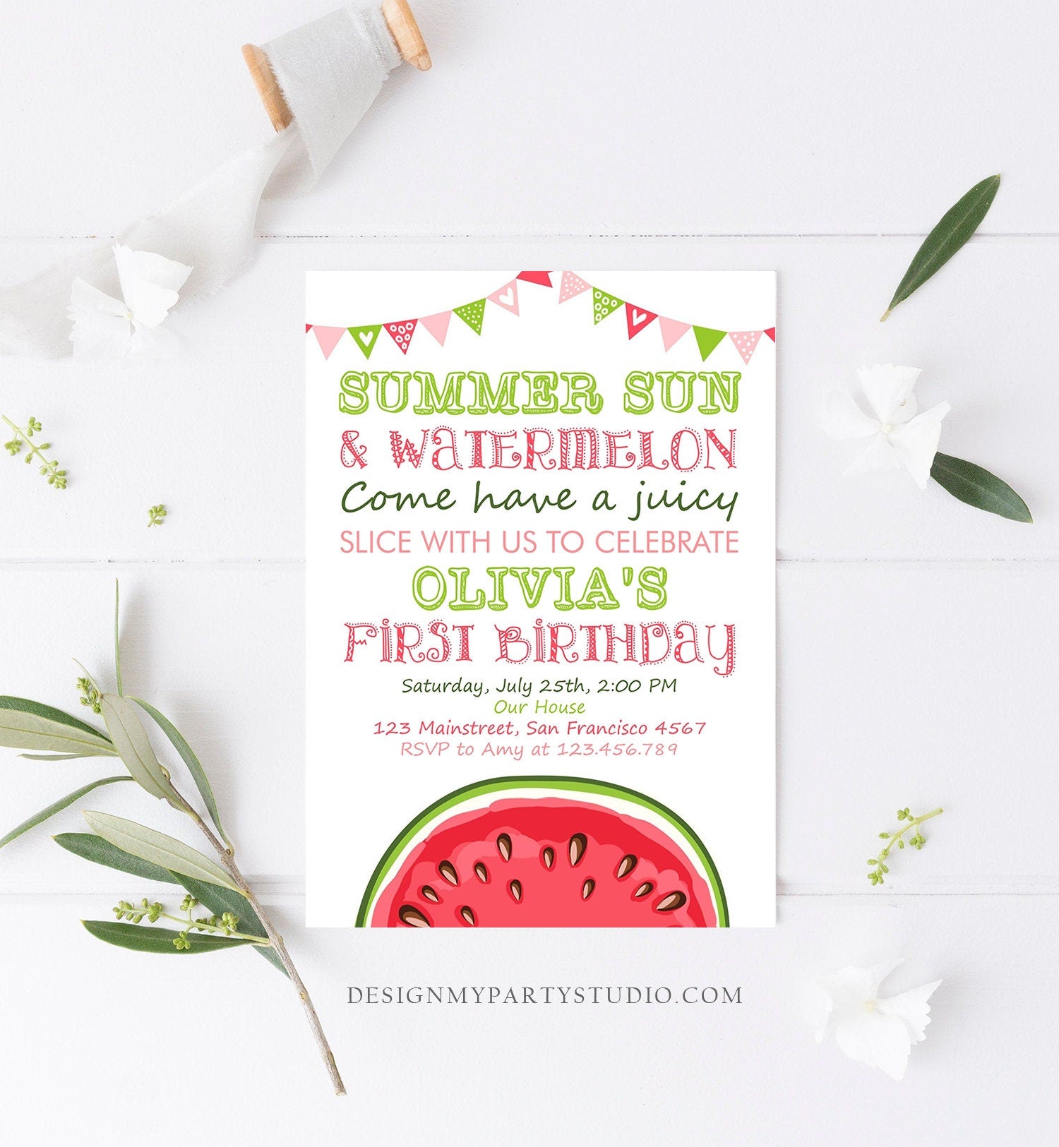 Editable Watermelon Birthday Invitation Girl One in a Melon Invite Melon Party Summer Fruit Instant Download Printable Template Corjl 0251