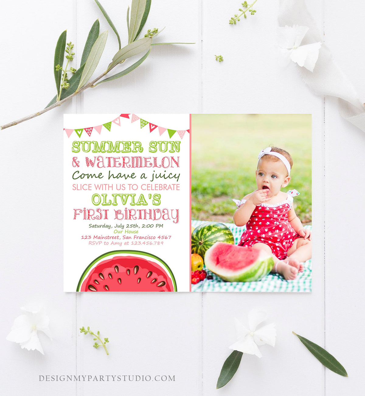 Editable Watermelon Birthday Invitation Girl One in a Melon Invite Melon Party Summer Fruit Instant Download Printable Template Corjl 0251