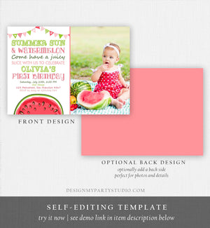 Editable Watermelon Birthday Invitation Girl One in a Melon Invite Melon Party Summer Fruit Instant Download Printable Template Corjl 0251