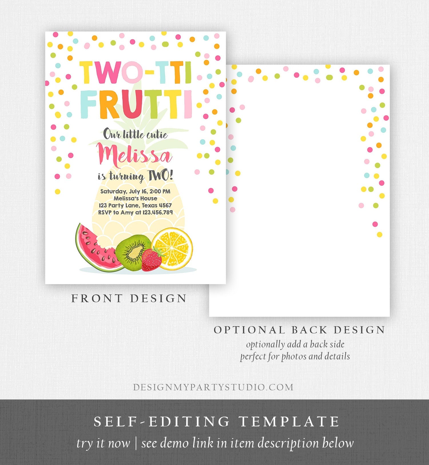 Editable Two-tti Frutti Second Birthday Invitation 2nd Party Fruit Pineapple Orange Melon Tutti Frutti Digital Download Corjl Template 0205