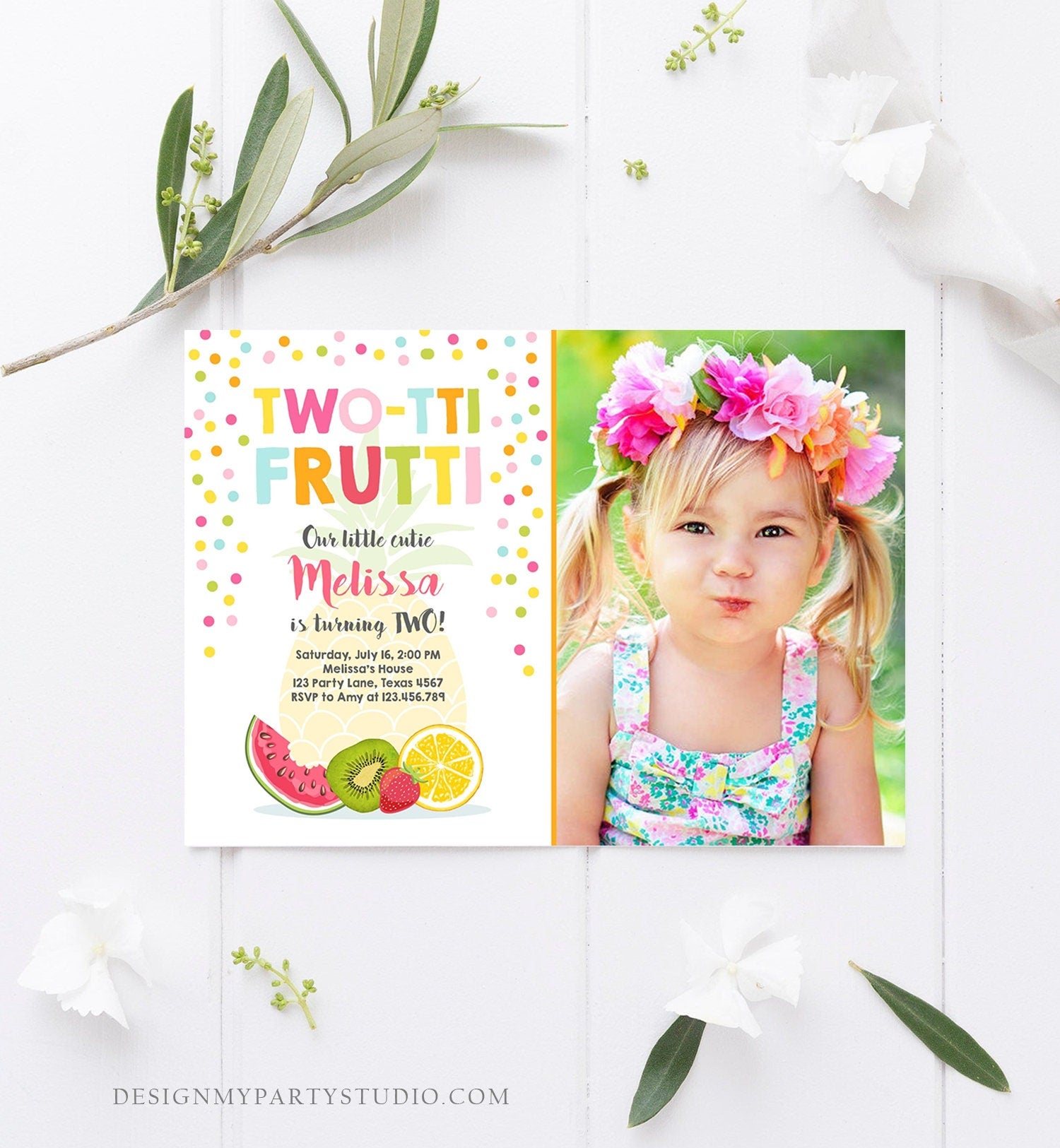 Editable Two-tti Frutti Second Birthday Invitation 2nd Party Fruit Pineapple Orange Melon Tutti Frutti Digital Download Corjl Template 0205