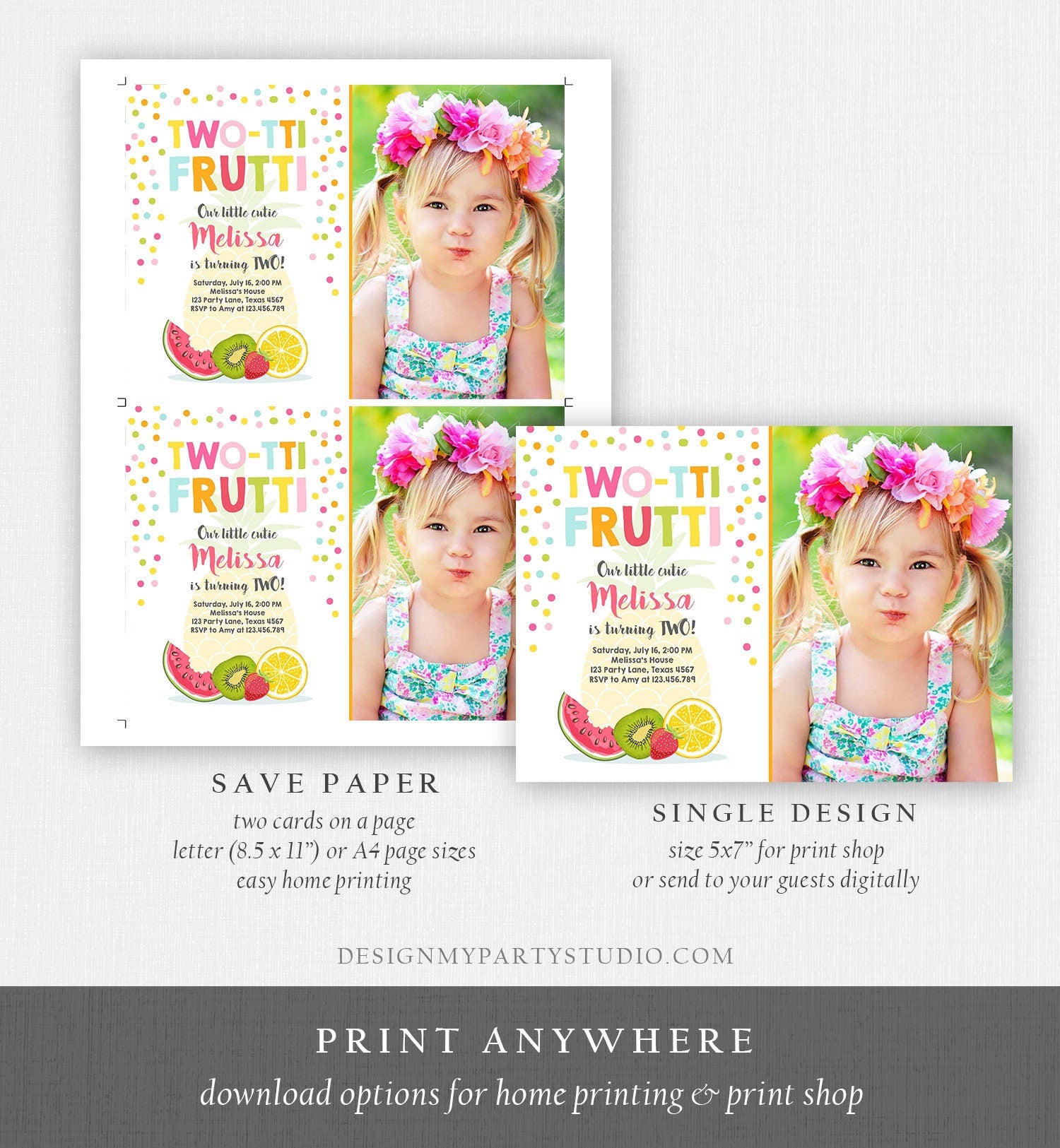 Editable Two-tti Frutti Second Birthday Invitation 2nd Party Fruit Pineapple Orange Melon Tutti Frutti Digital Download Corjl Template 0205