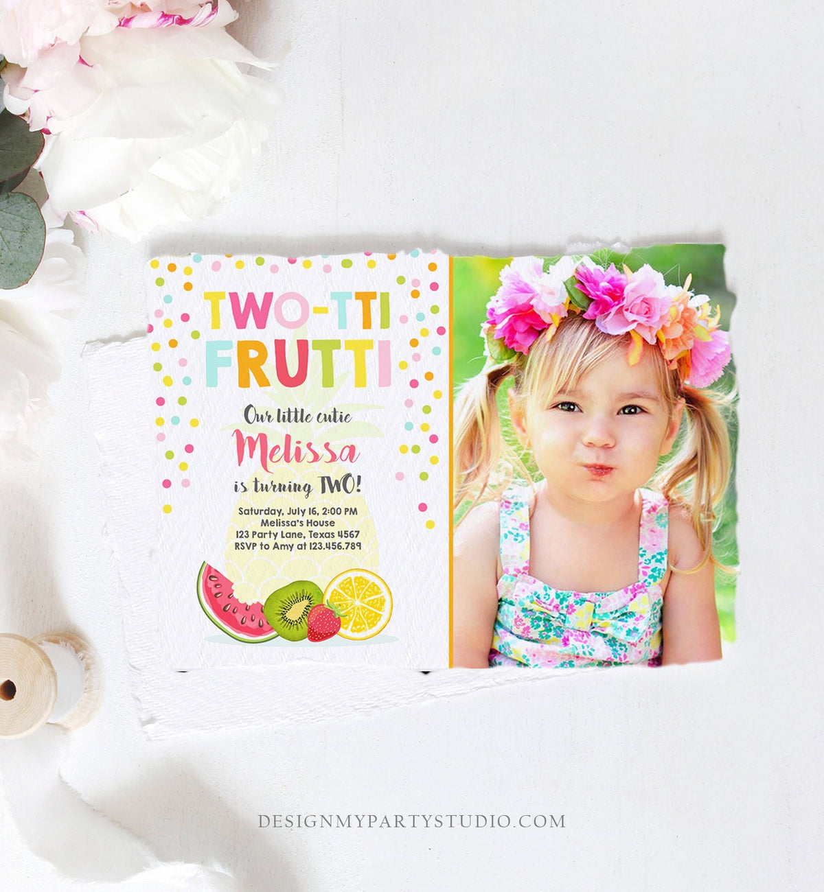 Editable Two-tti Frutti Second Birthday Invitation 2nd Party Fruit Pineapple Orange Melon Tutti Frutti Digital Download Corjl Template 0205