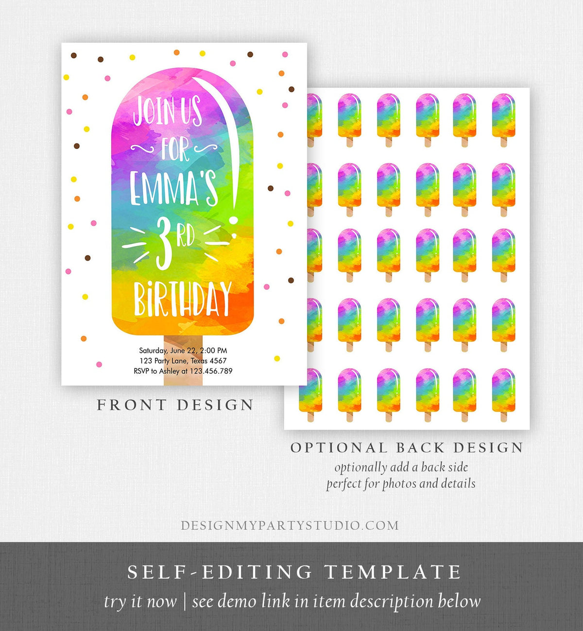 Editable Popsicle Birthday Invitation Summer Pool Party Popsicle Party Ice Cream Party Watercolor Download Printable Template Corjl 0143