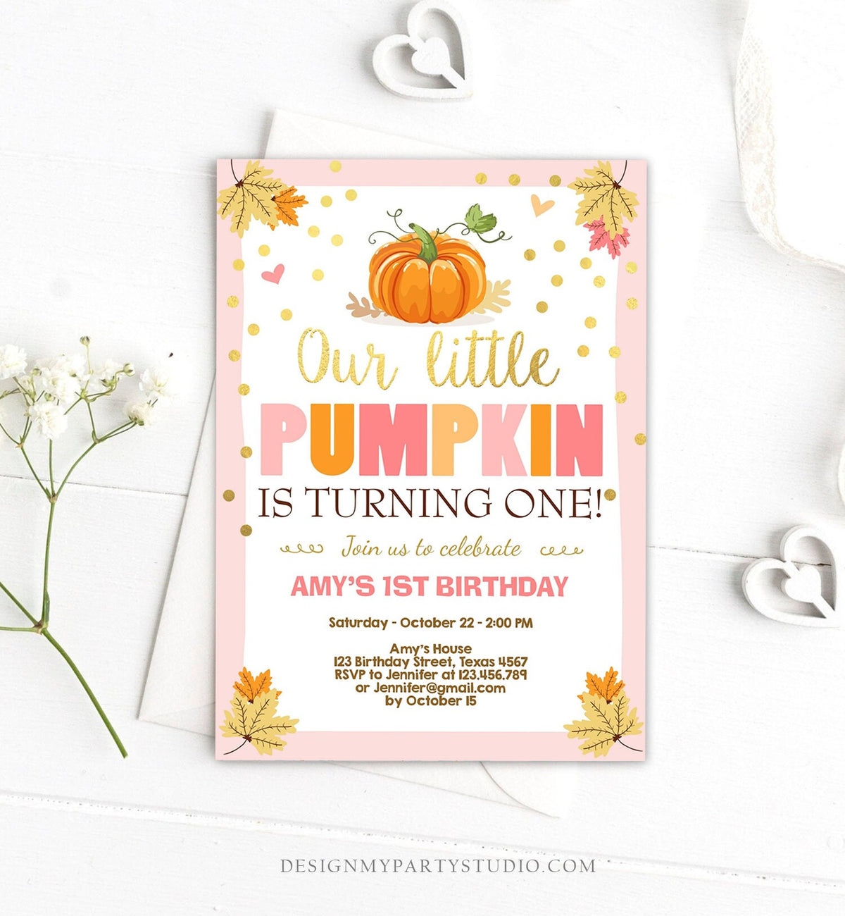 Editable Little Pumpkin Birthday Invitation Girl Pink Gold Pumpkin Party 1st Fall Autumn Party Download Printable Template Corjl 0055