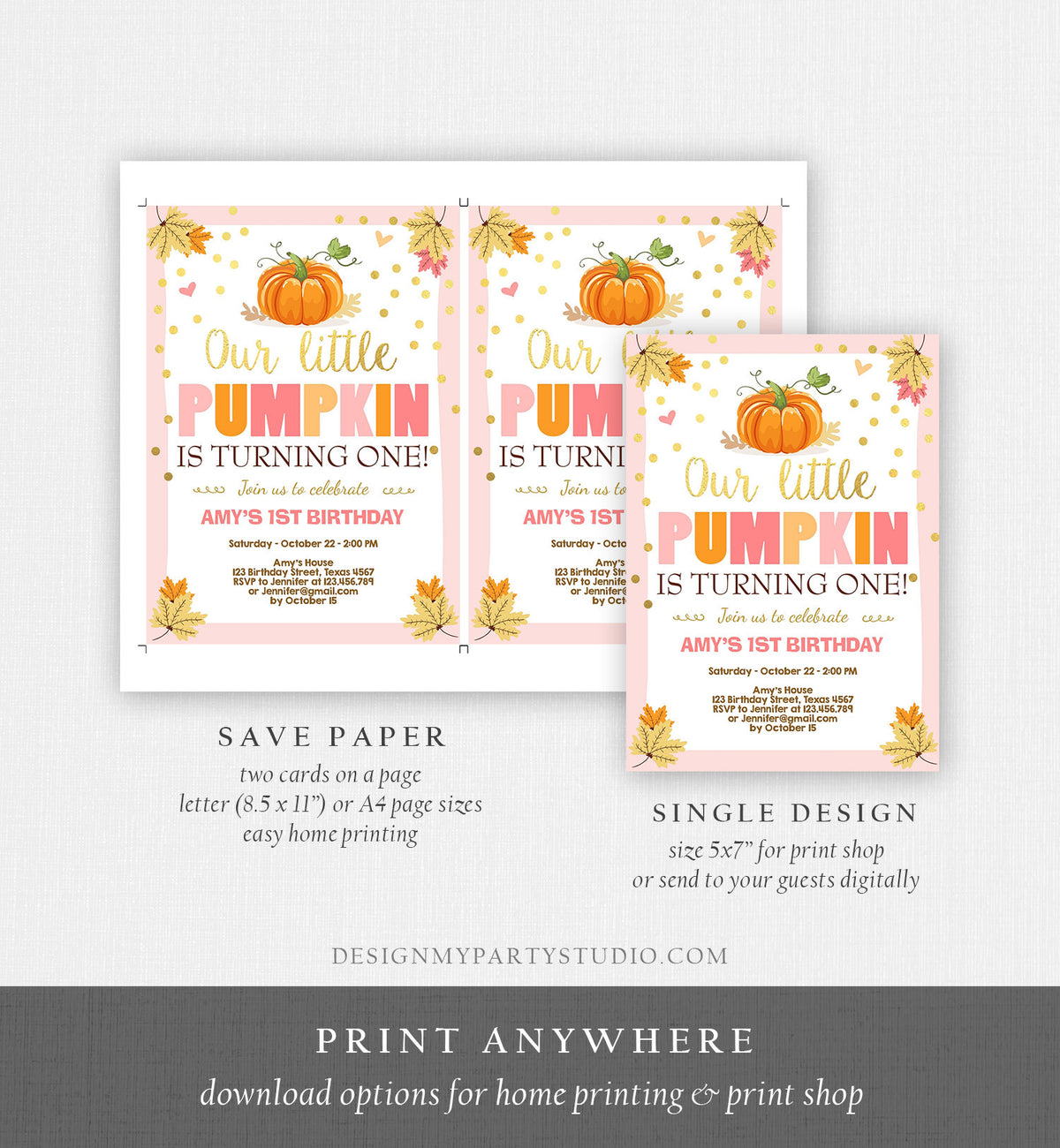 Editable Little Pumpkin Birthday Invitation Girl Pink Gold Pumpkin Party 1st Fall Autumn Party Download Printable Template Corjl 0055
