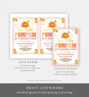 Editable Little Pumpkin Birthday Invitation Girl Pink Gold Pumpkin Party 1st Fall Autumn Party Download Printable Template Corjl 0055