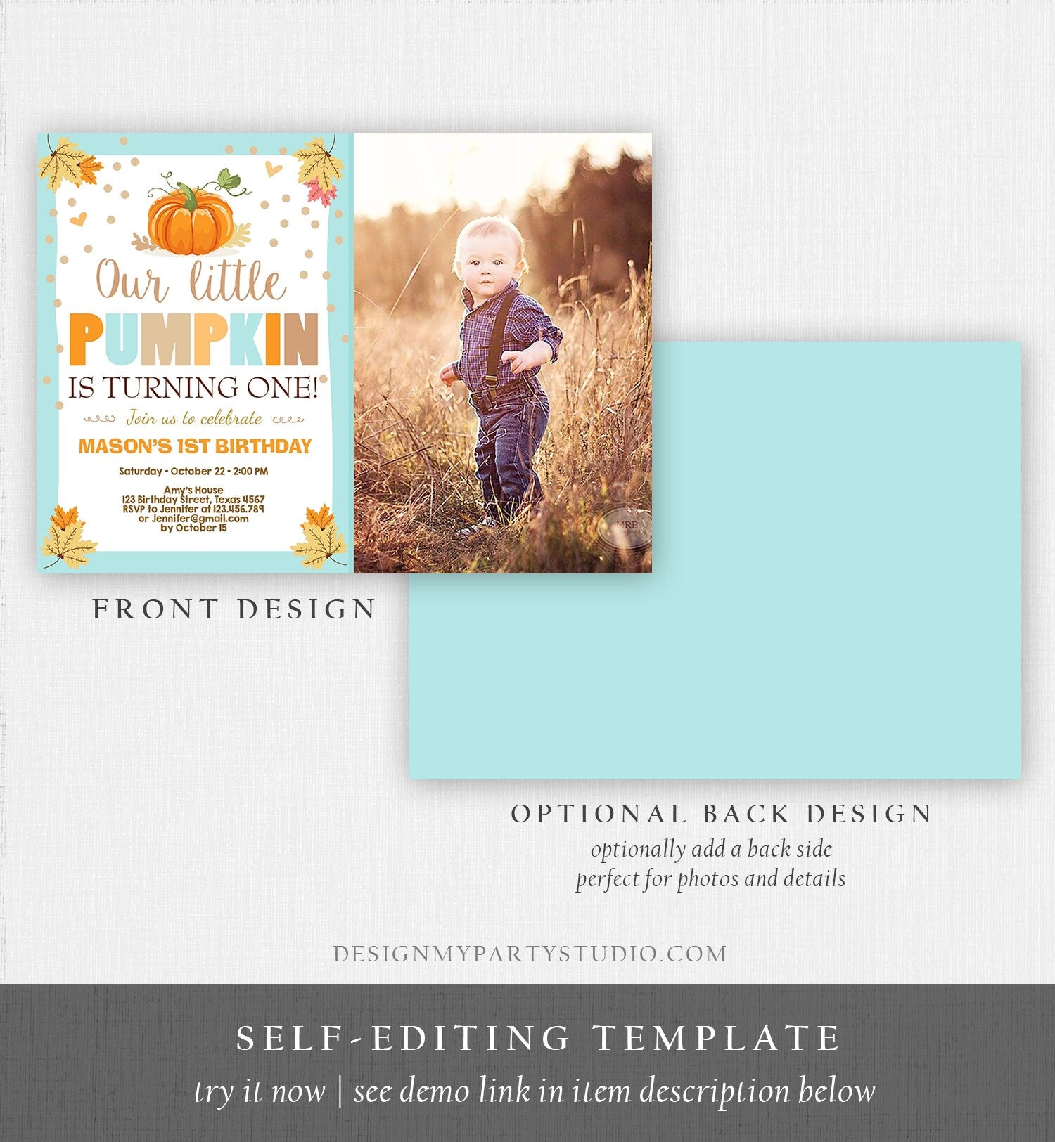 Editable Little Pumpkin Birthday Invitation Boy Blue Pumpkin Party 1st Birthday Fall Autumn Party Download Printable Template Corjl 0055