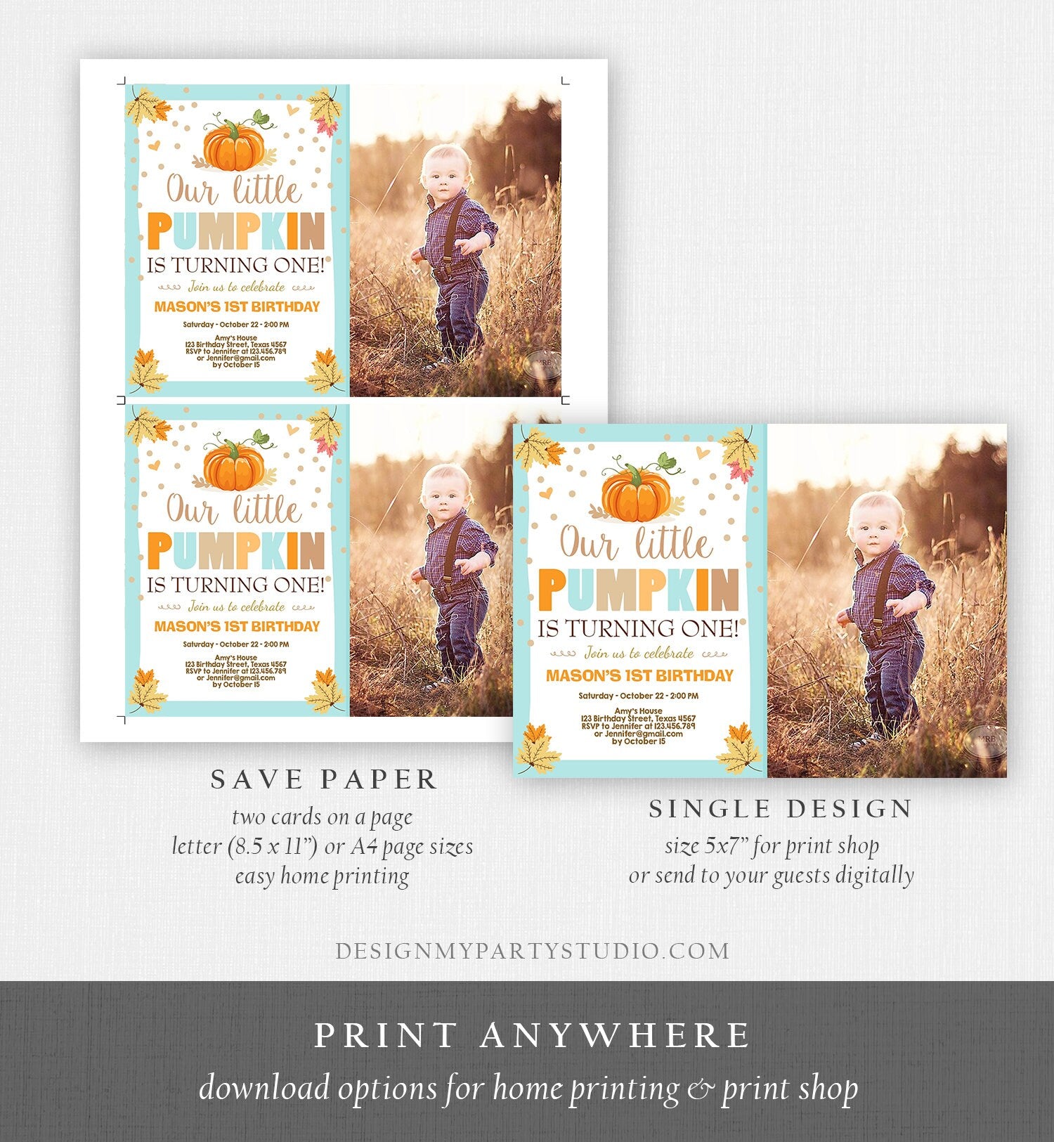 Editable Little Pumpkin Birthday Invitation Boy Blue Pumpkin Party 1st Birthday Fall Autumn Party Download Printable Template Corjl 0055