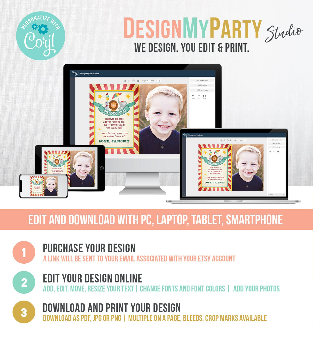 Editable Circus Carnival Thank You Card Vintage Festival Circus Big Fair Red Boy Girl Instant Download Printable Template Corjl Digital 0013