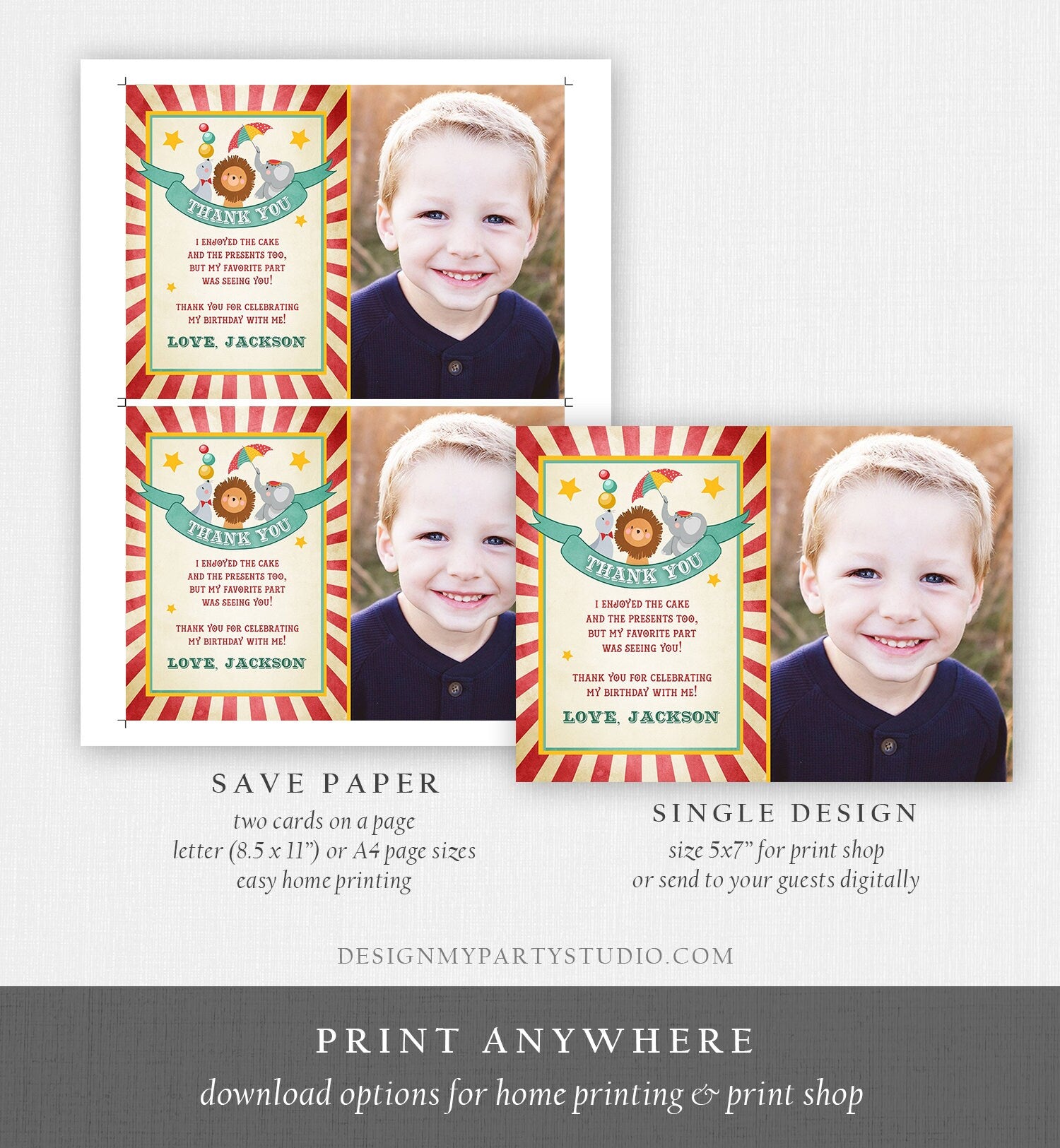 Editable Circus Carnival Thank You Card Vintage Festival Circus Big Fair Red Boy Girl Instant Download Printable Template Corjl Digital 0013
