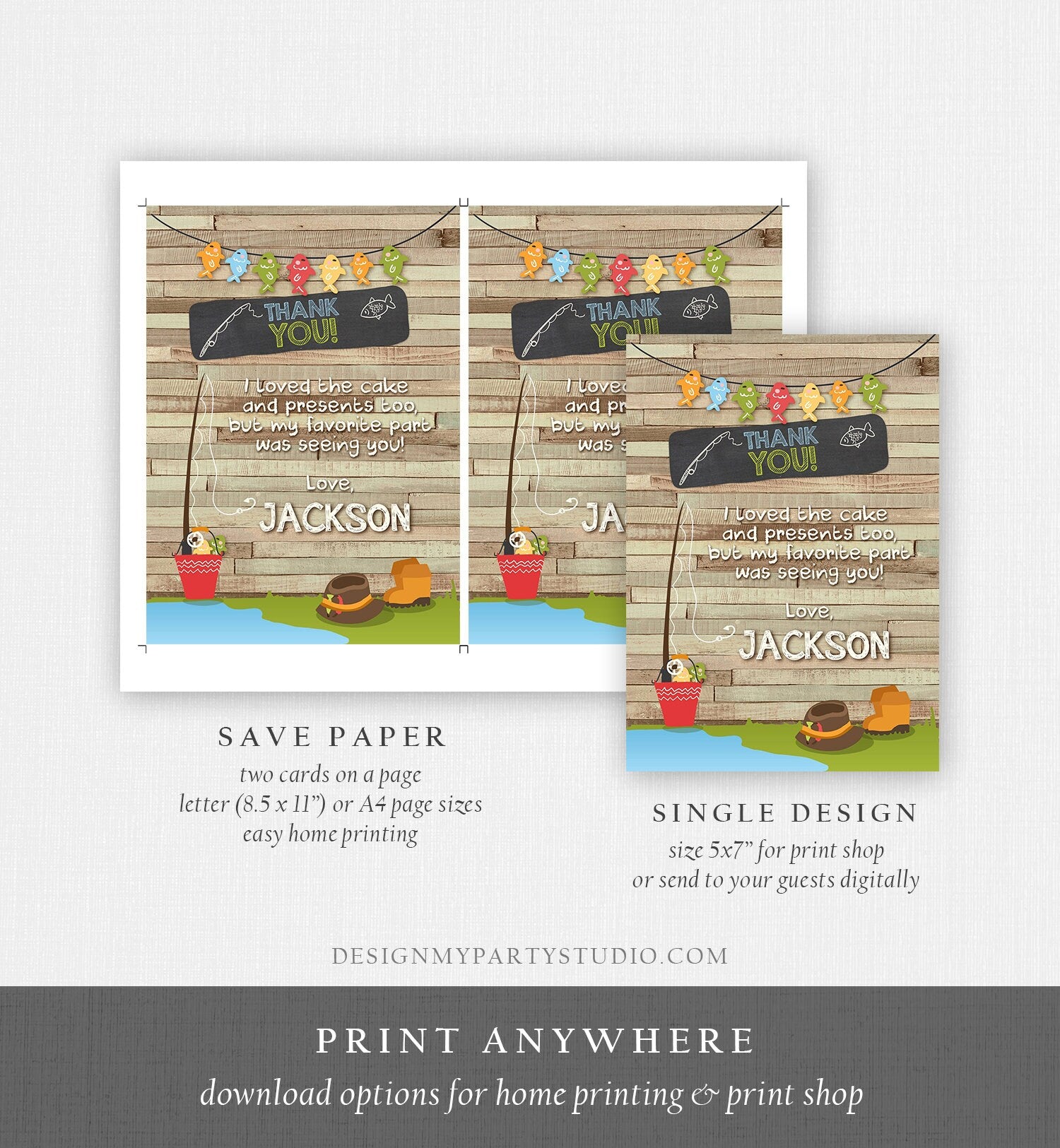 Editable Fishing Thank You Card Boy Birthday o-Fish-Ally Wood 1st Firs - Design My Party Studio for Free Printable Fishing Birthday Cards