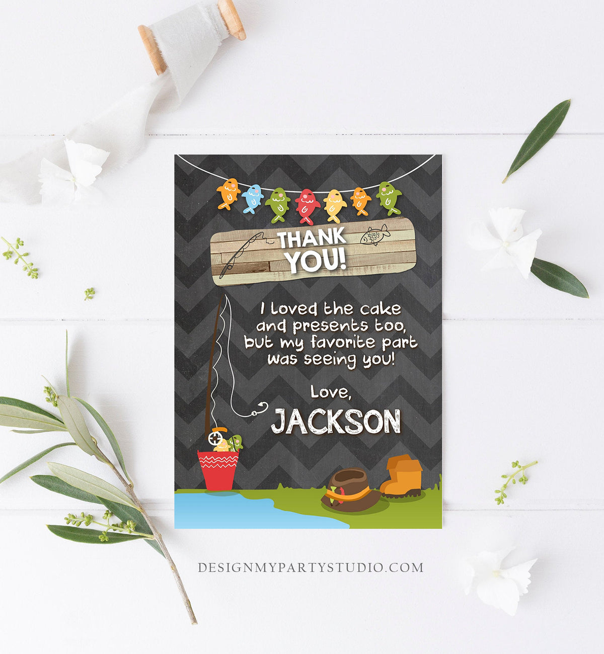 Editable Fishing Thank You Card Boy Birthday o-Fish-Ally Wood 1st First Birthday Gone Fishing Digital Download Printable Corjl Template 0080