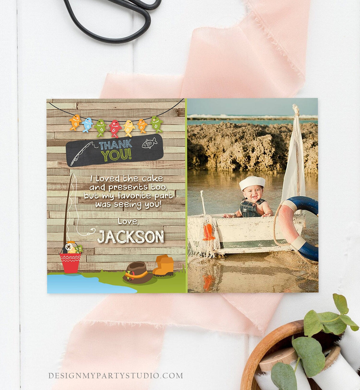 Editable Fishing Thank You Card Boy Birthday o-Fish-Ally Wood 1st First Birthday Gone Fishing Digital Download Printable Corjl Template 0080