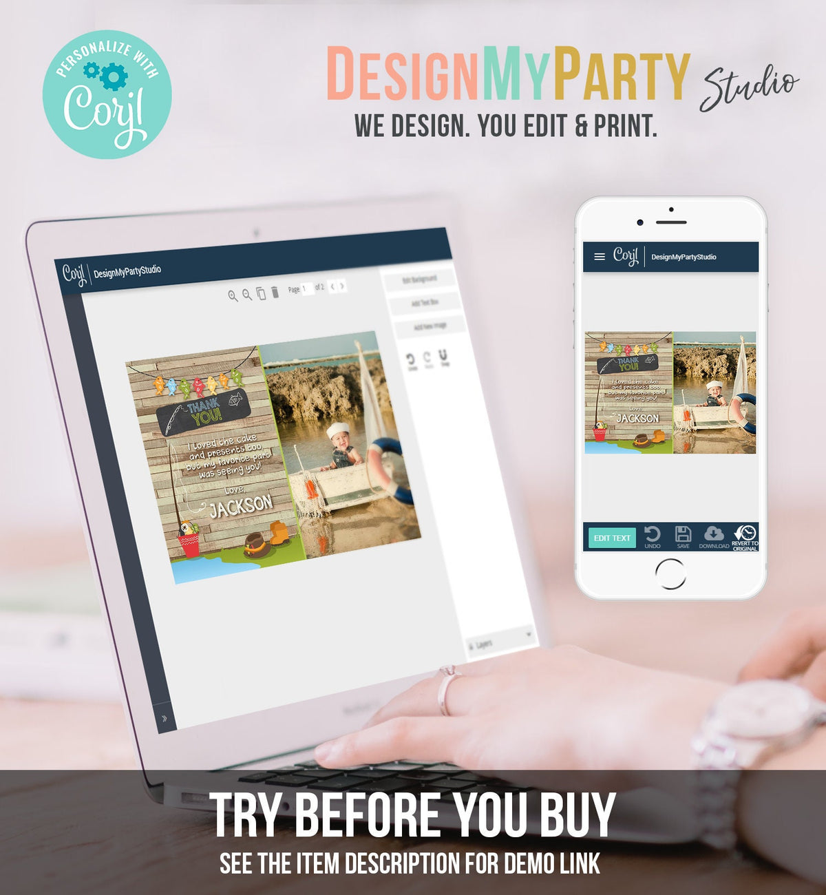 Editable Fishing Thank You Card Boy Birthday o-Fish-Ally Wood 1st First Birthday Gone Fishing Digital Download Printable Corjl Template 0080