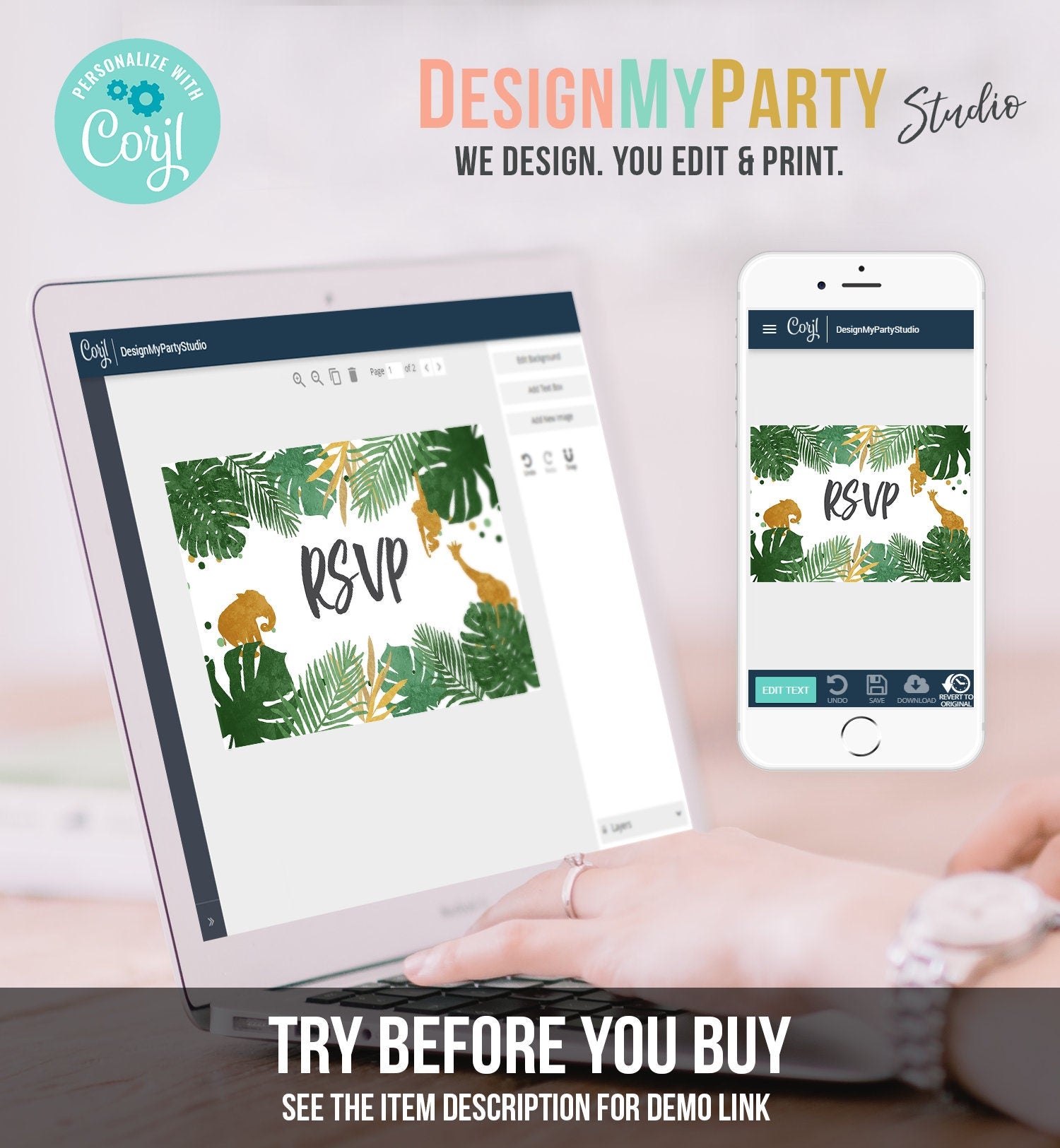 Editable RSVP Card Safari Animals Wild One Boy Birthday Party Jungle Wild Animals Black Gold Response Postcard Corjl Template Printable 0016