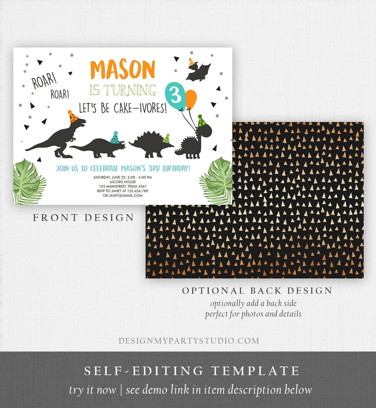 Editable Dinosaur Birthday Invitation Dinosaur Party Hats Dig Party Cakeivores Dino Boy 1st Download Printable Template Corjl Digital