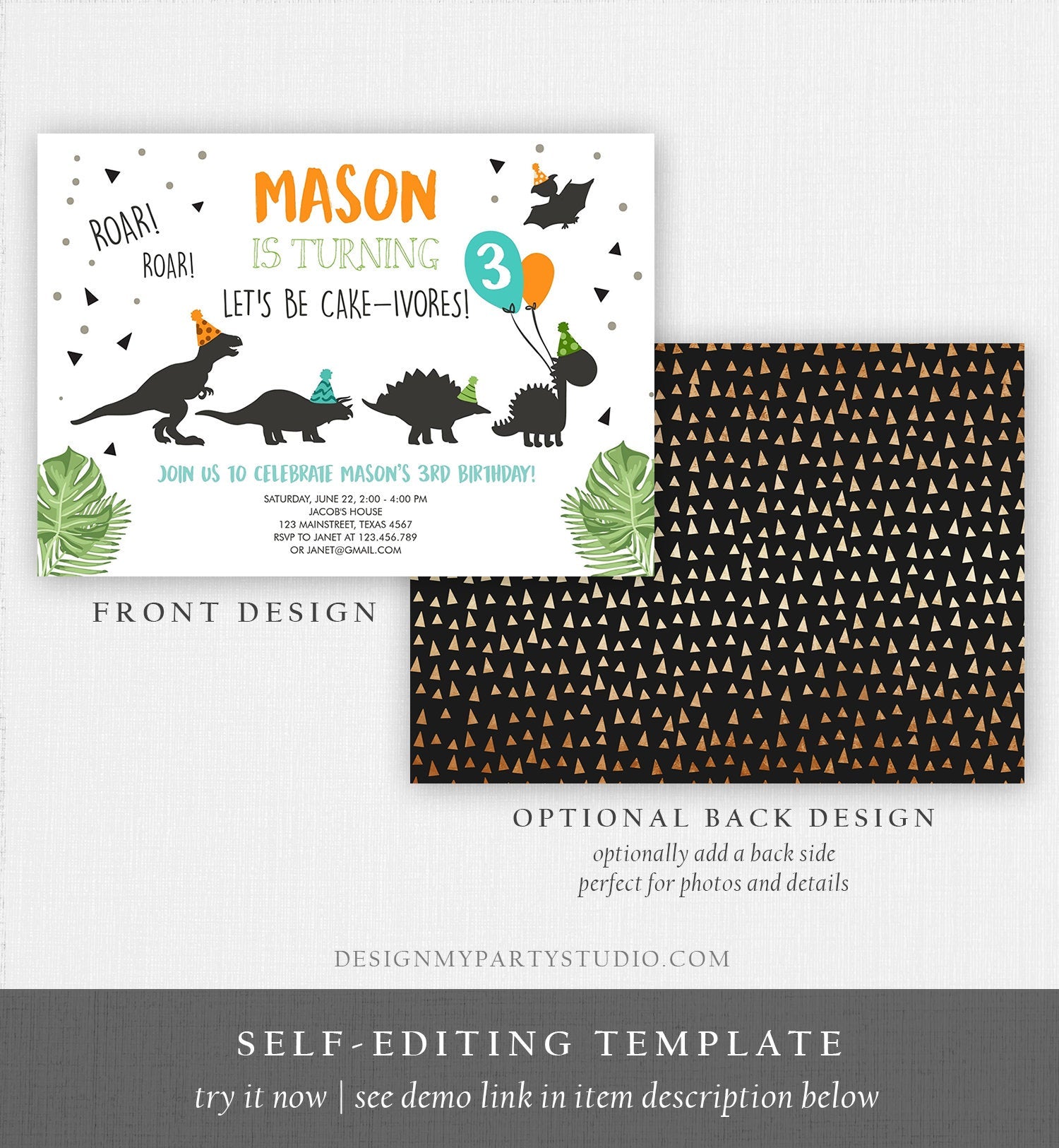 Editable Dinosaur Birthday Invitation Dinosaur Party Hats Dig Party Cakeivores Dino Boy 1st Download Printable Template Corjl Digital