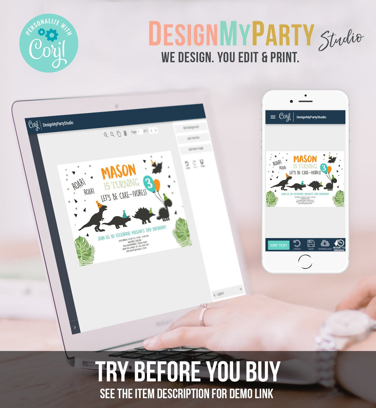 Editable Dinosaur Birthday Invitation Dinosaur Party Hats Dig Party Cakeivores Dino Boy 1st Download Printable Template Corjl Digital