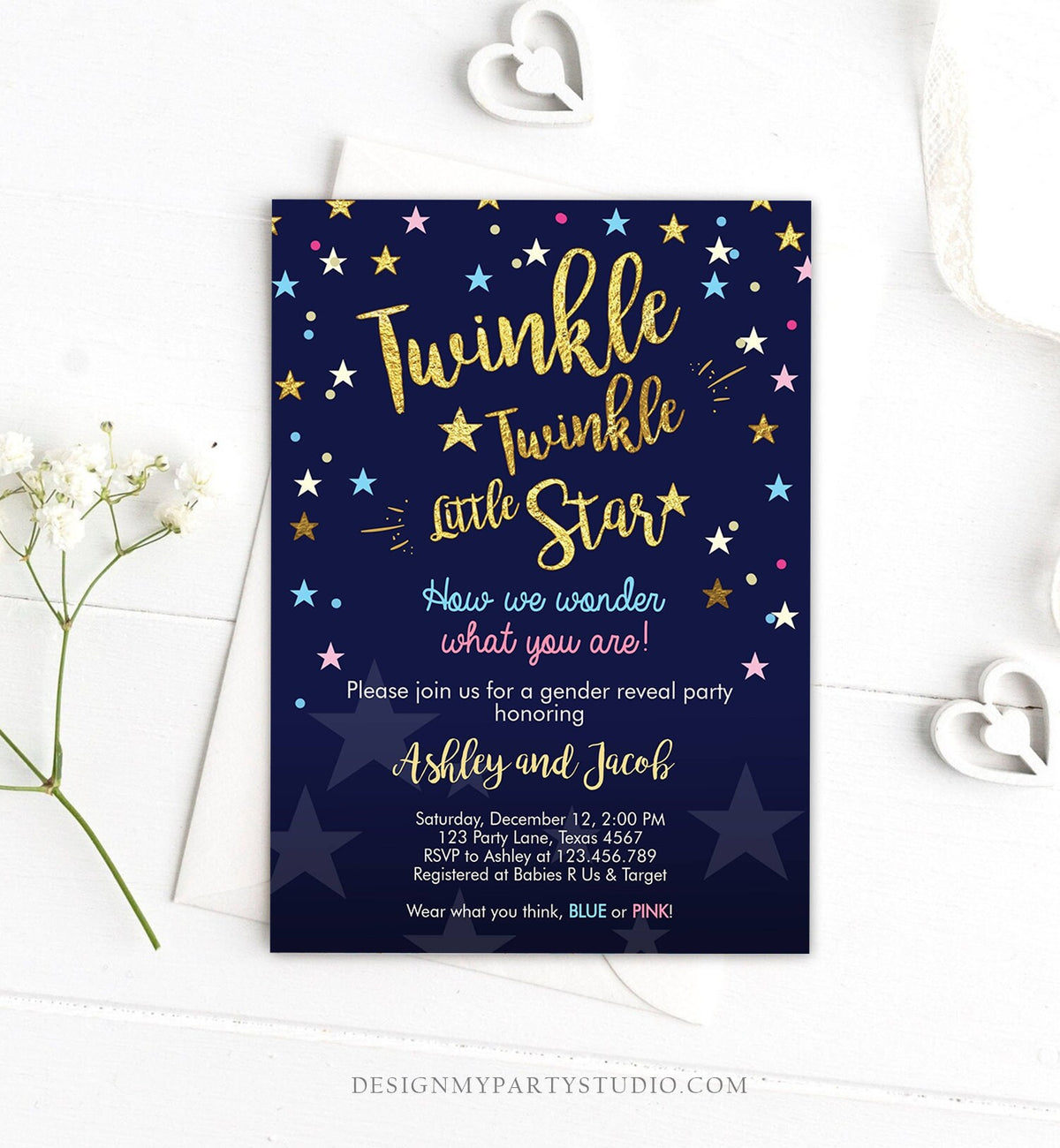 Editable Gender Reveal Invitation Baby Shower Twinkle Twinkle Little Star Blue or Pink He or She Gold Pink Blue Download Corjl Template 0235