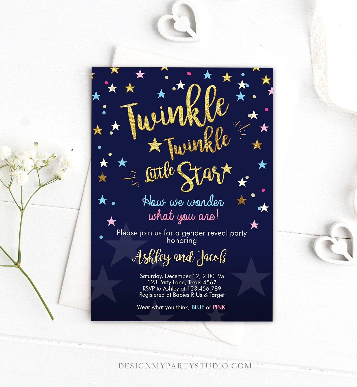 Editable Gender Reveal Invitation Baby Shower Twinkle Twinkle Little Star Blue or Pink He or She Gold Pink Blue Download Corjl Template 0235