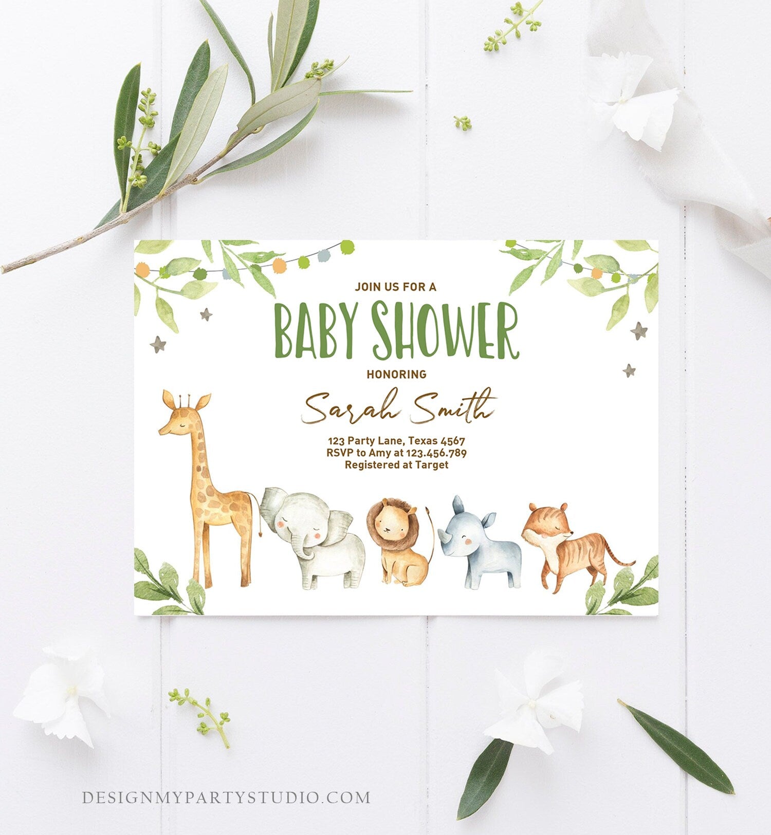 Editable Baby Shower Invitation Jungle Safari Animals Baby Shower Invite Gender Neutral Rustic Wild Download Printable Template Corjl 0164