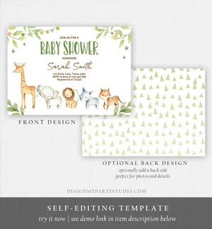 Editable Baby Shower Invitation Jungle Safari Animals Baby Shower Invite Gender Neutral Rustic Wild Download Printable Template Corjl 0164