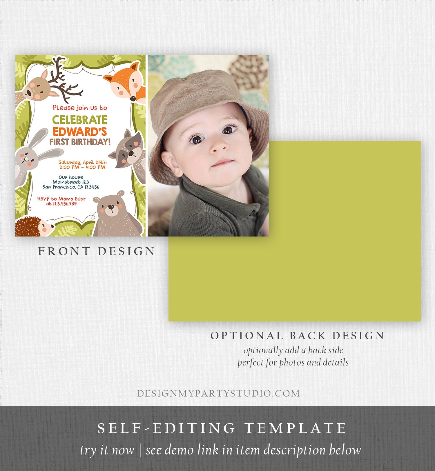 Editable Woodland Birthday Invitation Forest Animals Boy Birthday Bear Forest Wild One Fox Deer Download Printable Template Corjl 0084