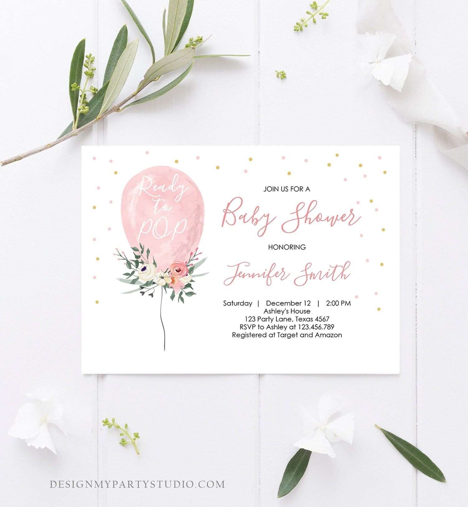 Editable Ready to Pop Baby Shower Invitation Floral Balloon Pink Gold Girl Flowers Instant Download Printable Template Digital Corjl 0221