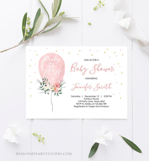 Editable Ready to Pop Baby Shower Invitation Floral Balloon Pink Gold Girl Flowers Instant Download Printable Template Digital Corjl 0221