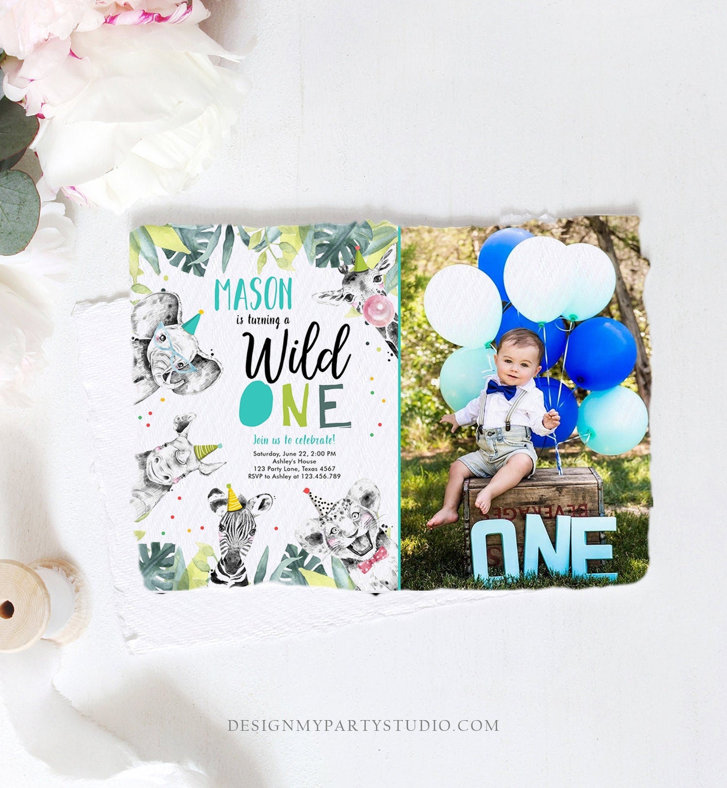 Editable Wild One Birthday Invitation Boy First Birthday Safari Animals Party Animals Born to be Wild Jungle Corjl Template Printable 0322
