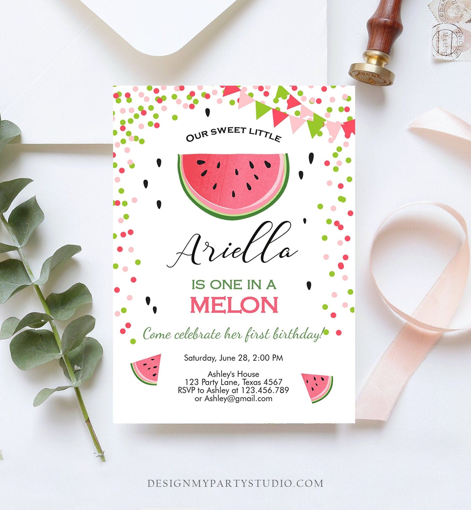 Editable One in a Melon Birthday Invitation Watermelon Invite Melon Pa - Design My Party Studio editable-one-in-a-melon-birthday-invitation-watermelon-invite-melon-pa-design-my-party-studio