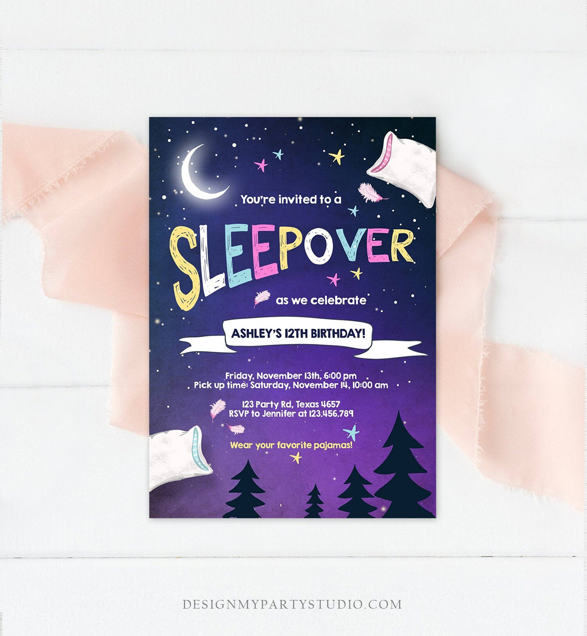 Editable Sleepover Birthday Invitation Pajamas Slumber Party Invite Pillow Fight Girl Purple Download Printable Template Corjl Digital 0209