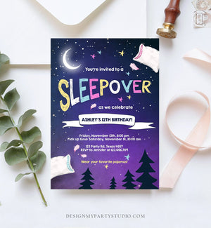 Editable Sleepover Birthday Invitation Pajamas Slumber Party Invite Pillow Fight Girl Purple Download Printable Template Corjl Digital 0209