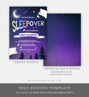 Editable Sleepover Birthday Invitation Pajamas Slumber Party Invite Pillow Fight Girl Purple Download Printable Template Corjl Digital 0209