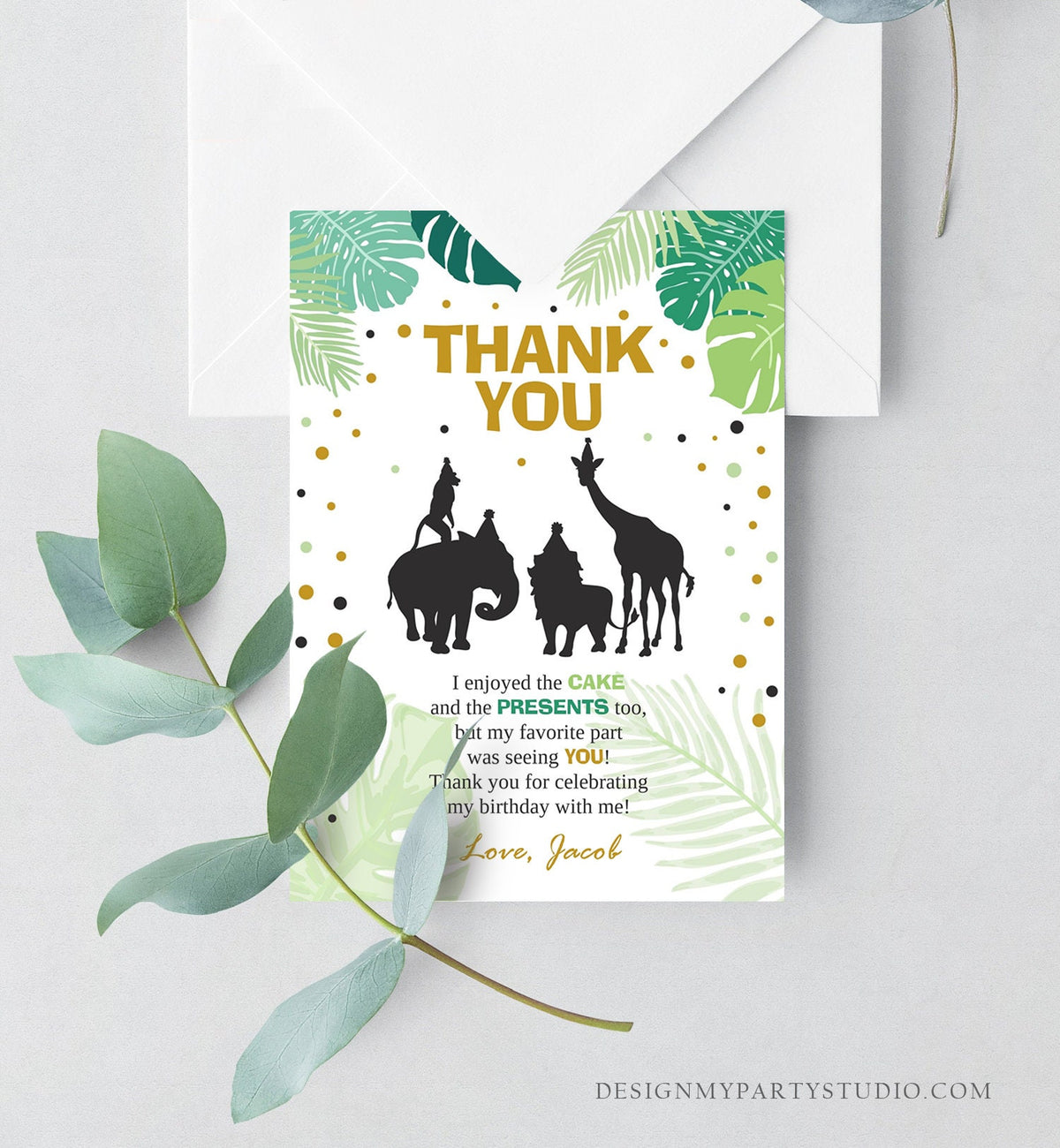 Editable Safari Animals Thank You Card Wild One Thank You Note Black Gold Boy Jungle Zoo Animals Printable Corjl Template Digital 0016
