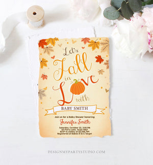 Editable Fall in Love Baby Shower Invitation Little Pumpkin Falling in Love Autumn Leaves Digital Download Printable Corjl Template 0077