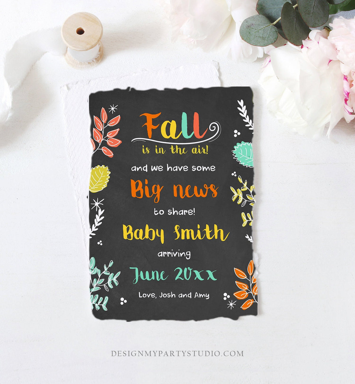 Editable Fall Pregnancy Announcement Autumn Fall is in the Air Thanksgiving We&#39;re Expecting a Baby On the Way Corjl Template Printable